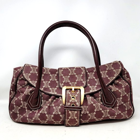 VTG Celine Triomphe Burgundy Canvas Leather Large Shoulder Tote Hand Bag Auth - Picture 1 of 12